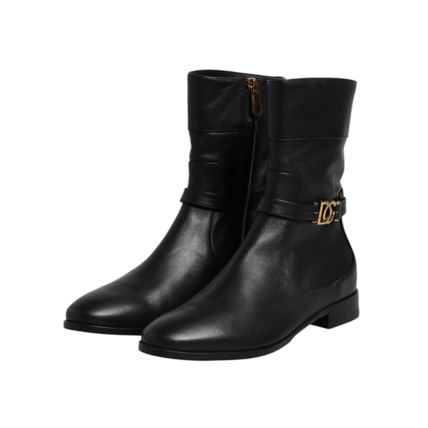 Dolce & Gabbana Black Leather Flats Logo Short Boots Shoes