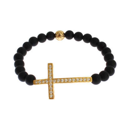 Nialaya Matte Onyx Stone Gold CZ Cross 925 Silver Bracelet Bracelet