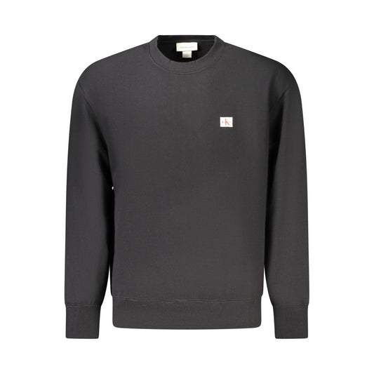 Calvin Klein Black Cotton Men Sweater with logo, crew neck, long sleeves, highlighting sustainable blend of cotton and recycled polyester.