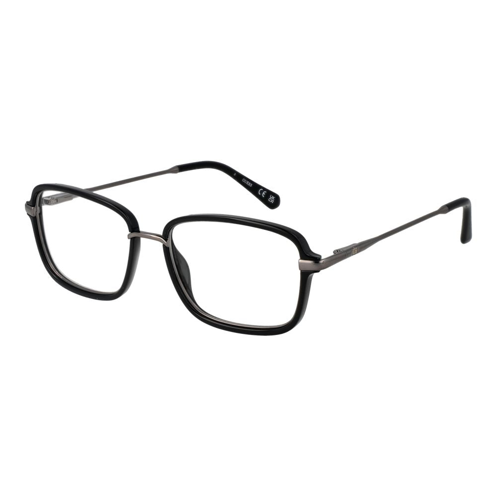 Guess Black Men Glasses Frame, stainless steel full-rim, rectangular style, demo lenses, 54mm width, with branded case included.