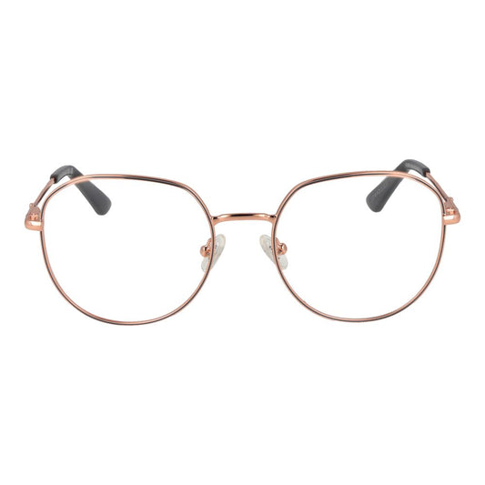 Guess Rose Gold Women Glasses Frame in metal full-rim round style with demo lenses, perfect for a stylish and elegant look.