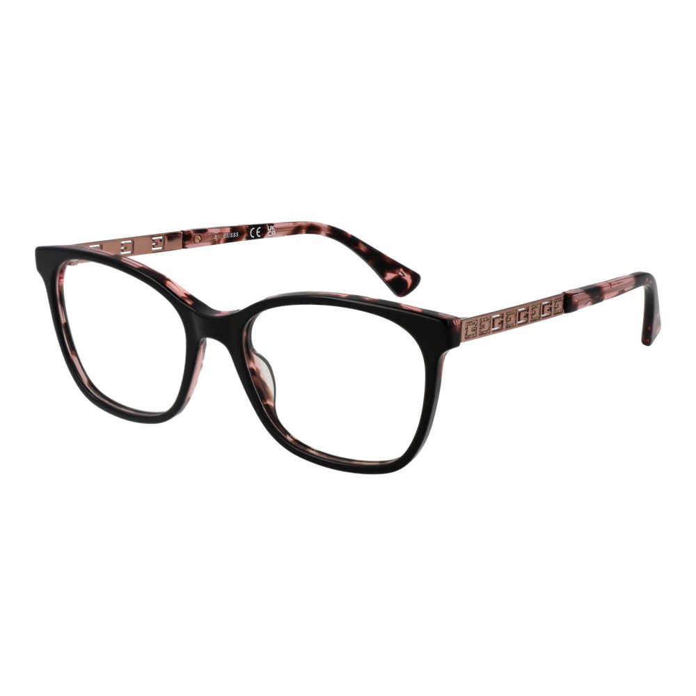 Guess Black Women Glasses Frame, full-rim acetate, rectangle style with demo plastic lenses, black frame with unique design, branded case included.