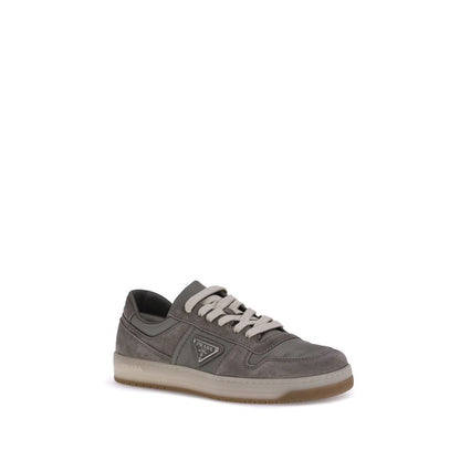 Prada Gray Calf Leather Bos Taurus Low Top Sneakers with suede texture and lace-up closure, showcasing elegant and comfortable design.