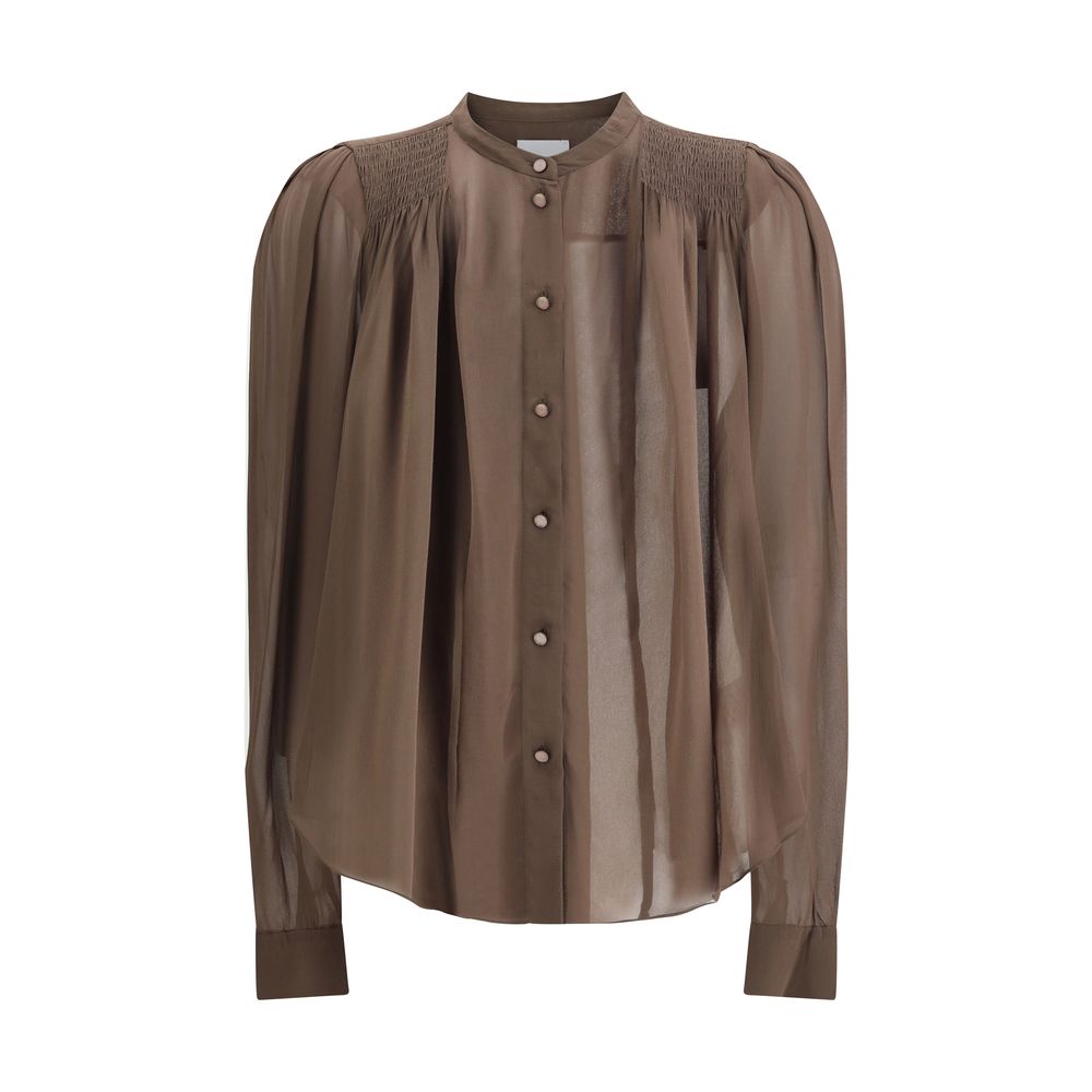 Marant Etoile Noeline Shirt with button front closure and elasticated ruffles, semi-transparent brown fabric for a romantic look.