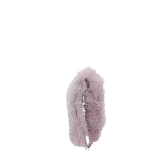 Miu Miu Purple Fur Shoulder Bag with silver hook closure, designed with fox fur and logo detail, side view.
