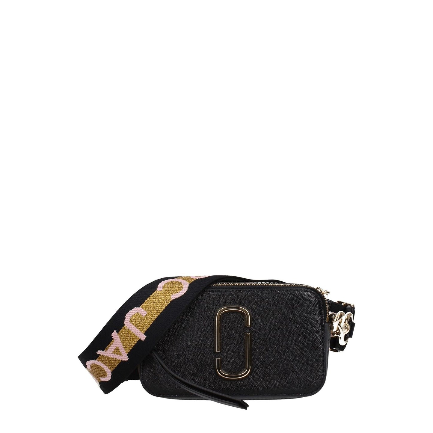 Marc Jacobs Black Leather Crossbody Bag with adjustable strap and gold accents, featuring zip closure and stylish front logo.