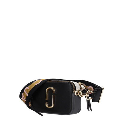 Marc Jacobs Black Leather Crossbody Bag with gold accents and adjustable strap, medium size, 18.5x10.5x6.5 cm, zip closure.