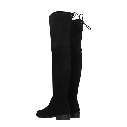 Stuart Weitzman Black Leather Over The Knee boots with self-tie closure in suede, round toe, low flat heel, rubber sole.
