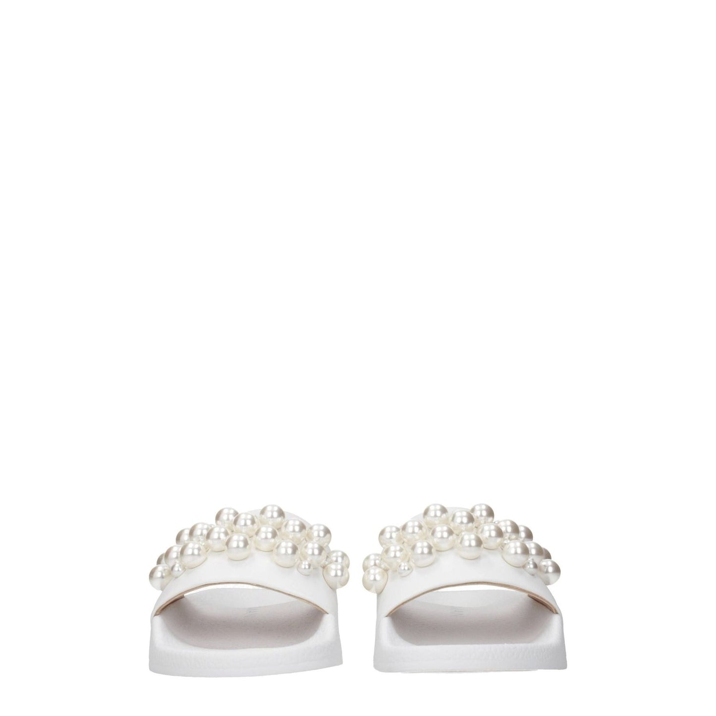 Stuart Weitzman White Leather Slippers with pearl details, open toe, low flat heel, and rubber sole, stylish streetwear footwear