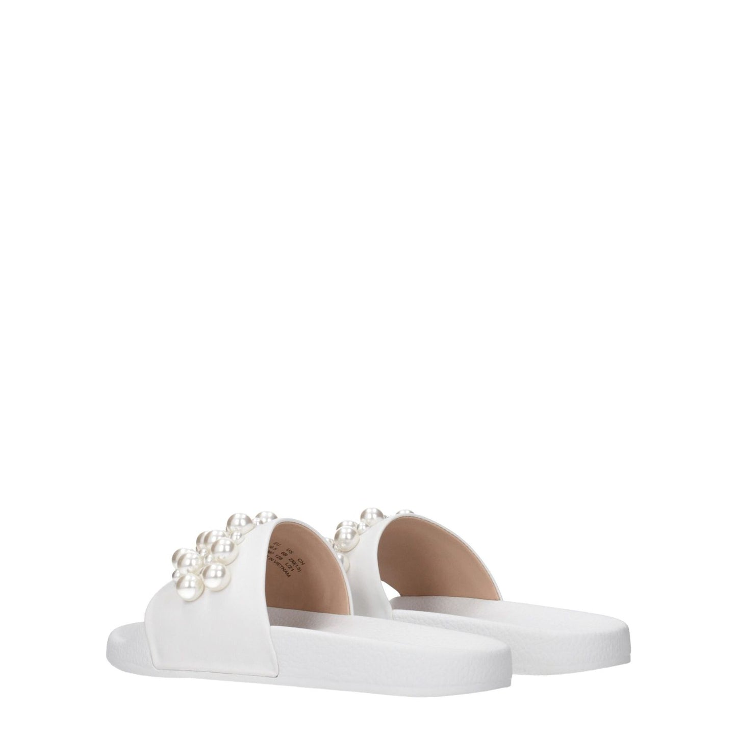 Stuart Weitzman White Leather Slippers with pearl embellishments, open toe, and rubber sole; street style low heel footwear.