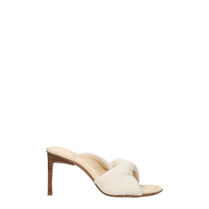 Jacquemus Beige Fabric Stiletto Heel Sandals, open toe, 8.5 cm mid heels, vintage style, leather sole, off white secondary color.