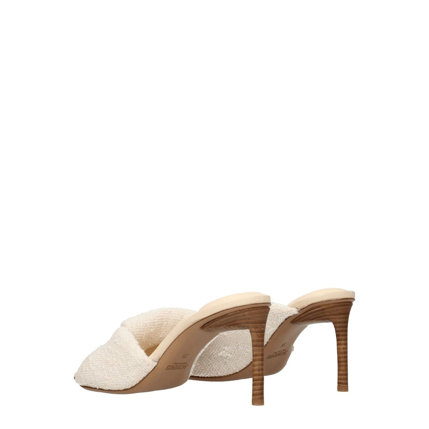 Jacquemus Beige Fabric Stiletto Heel Sandals with open toe and 8.5 cm mid heel, showing off white and beige fabric design.