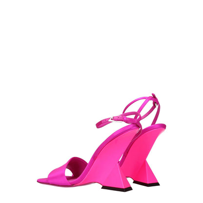 The Attico Pink Satin Platform Sandals with open toe and high heel design, featuring a leather sole and self tie closures.