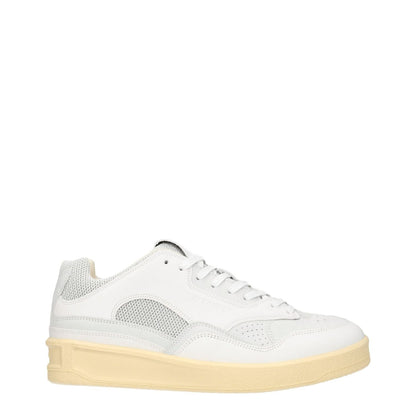 Jil Sander White Leather Low Top Sneakers with light grey details, lace-up closure, mid heel, round toe, and sporty glam style.