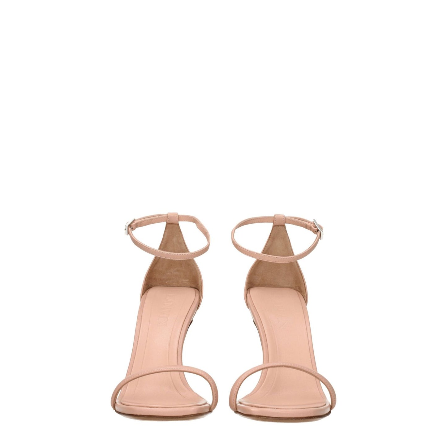 Lanvin Pink Leather Stiletto Heel Sandals with buckle closure, open toe, high heel, and leather sole.