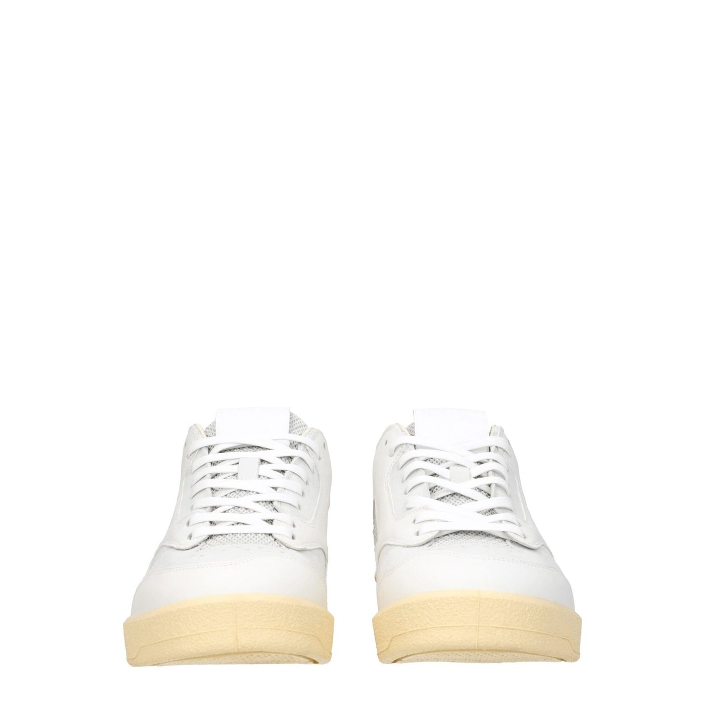 Jil Sander White Leather Low Top Sneakers with mid heels and round toe, featuring a sporty glam style with a back logo and lace-up closure.