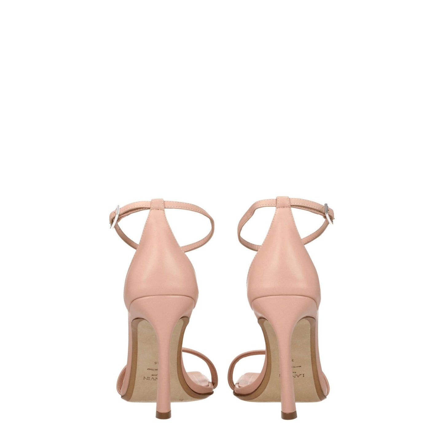 Back view of Lanvin Pink Leather Stiletto Heel Sandals with buckle closure and high heel, showcasing elegant design and craftsmanship.
