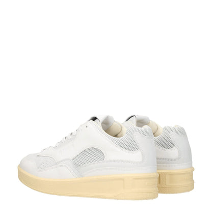 Jil Sander White Leather Low Top Sneakers with light grey accents, lace-up closure, round toe, and mid heels, sporty glam style.