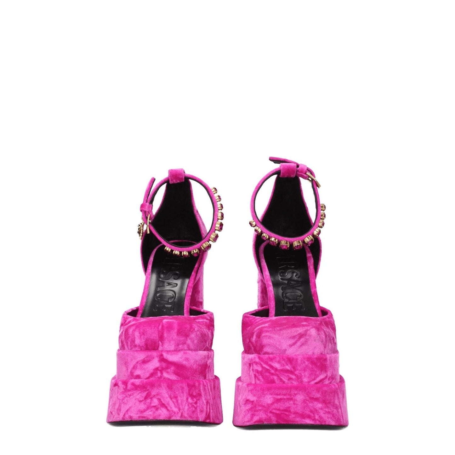 Versace Pink Velvet Platform Sandals with rhinestones, square toe, buckle closure, and high heel, MPN 10020051A064651PK3V. Casual style.