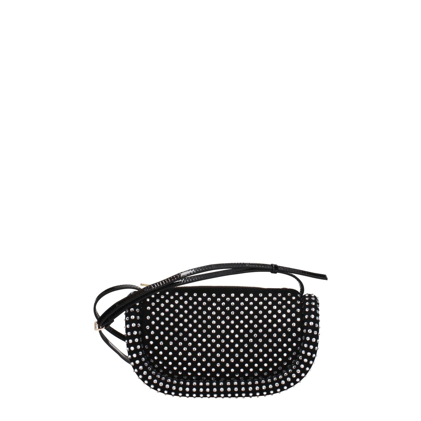 Jw Anderson Black Leather Crossbody Bag with rhinestone details, gold accents, and zip closure, small size perfect for casual outings.