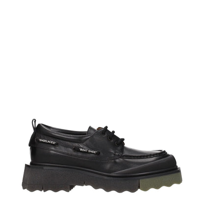 Off-White Black Leather Slip-On Loafers with vintage effect, lace up closure, rubber sole, military green accents, mid heels.