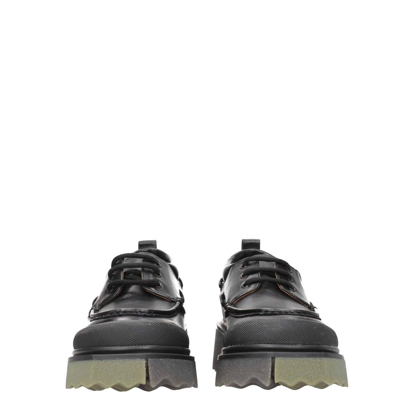 Off-White Black Leather Slip-On Loafers with vintage effect, lace up closure, rubber sole, and mid heels in military green.
