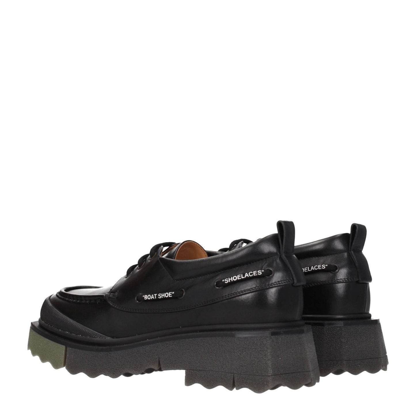 Off-White Black Leather Slip-On Loafers with lace-up design, vintage effect, rubber sole, mid heels, and military green details.
