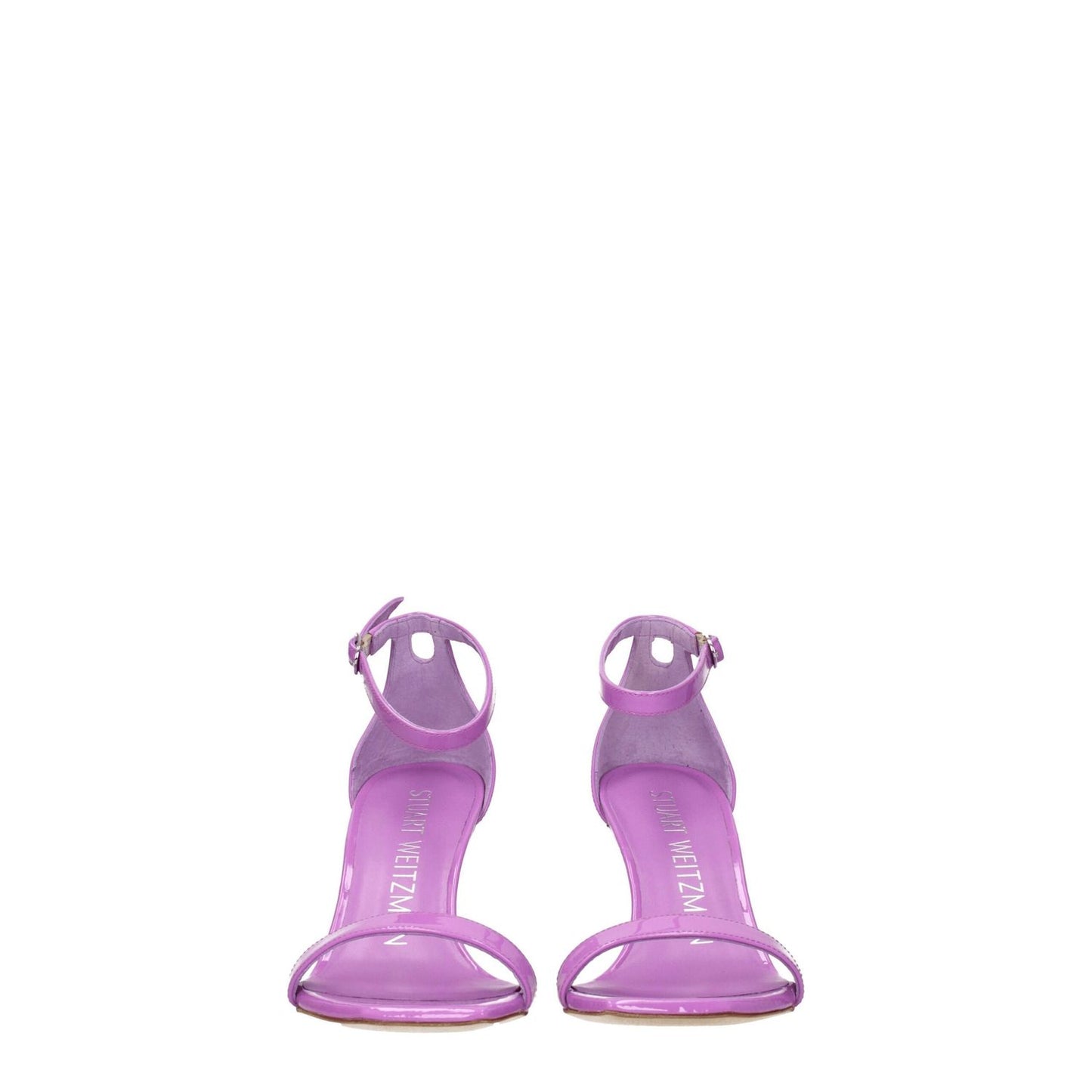Stuart Weitzman Purple Leather Stiletto Heel Sandals with buckle closure, open toe, mid heels, and leather sole in lilac and silver.