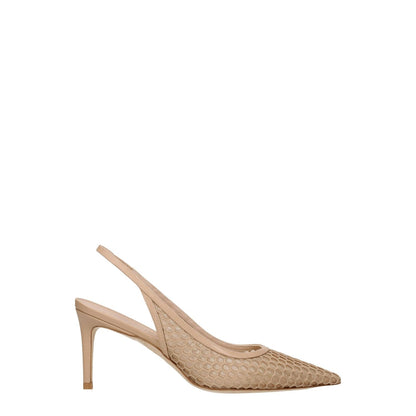 Stuart Weitzman Beige Leather High Heel Pumps with pointy toe and mid heels, stylish textured design, 7.5 cm height.