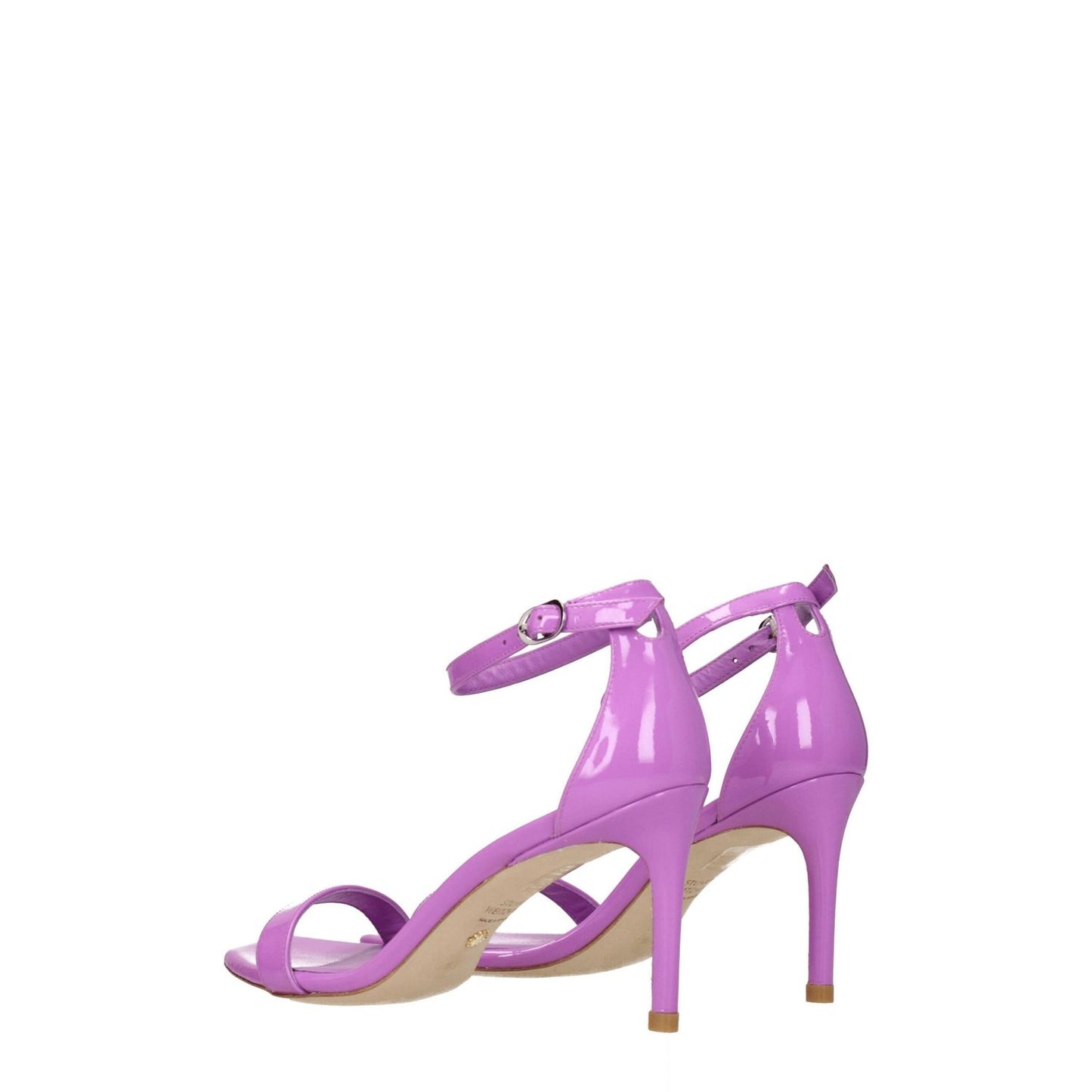 Stuart Weitzman Purple Leather Stiletto Heel Sandals with buckle closure and open toe design, featuring 8 cm mid heels in lilac.