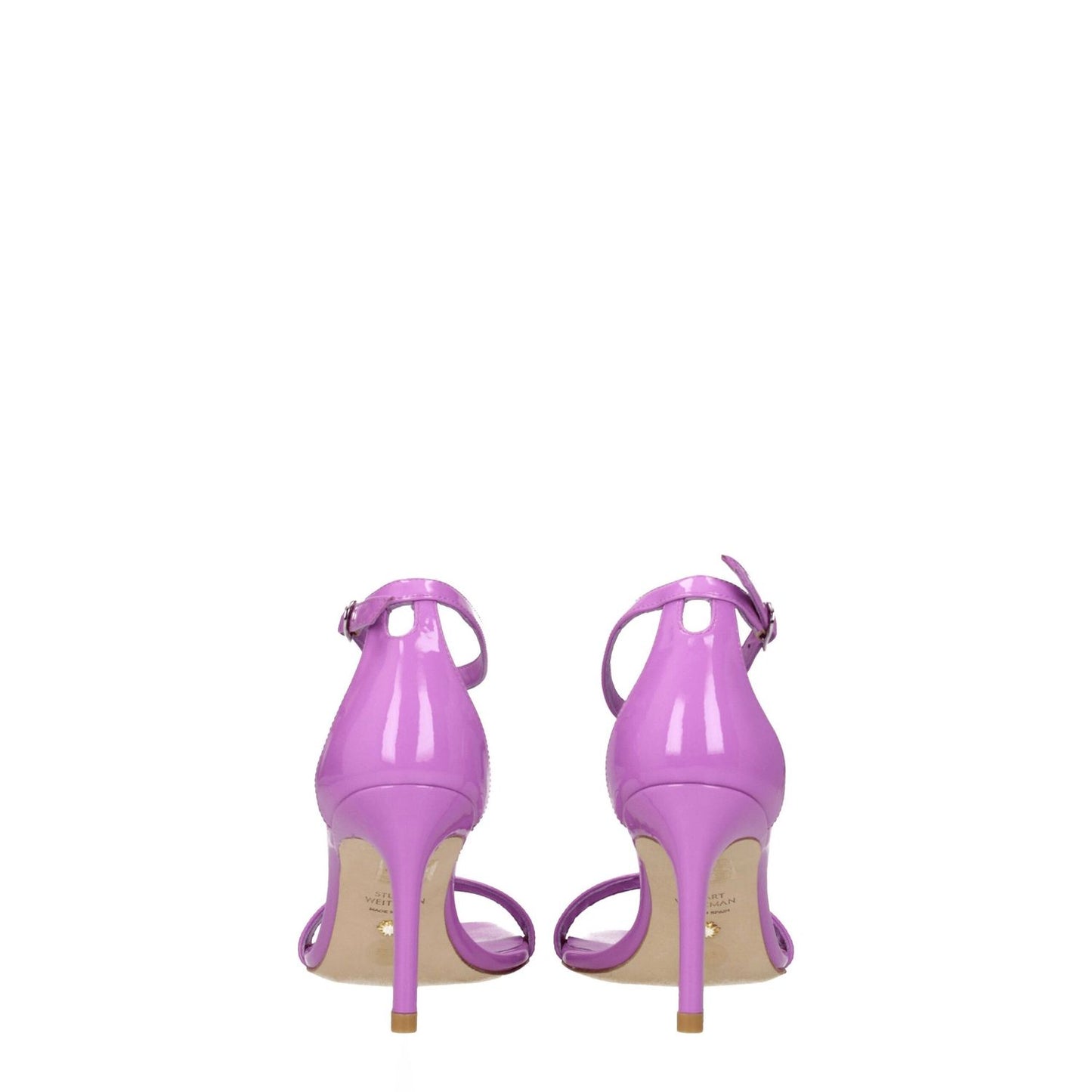 Stuart Weitzman Purple Leather Stiletto Heel Sandals with buckle closure and open toe design, back view.