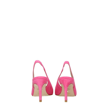Stuart Weitzman Pink Leather High Heel Pumps - back view of pink suede sandals with pointy toe and mid heels.