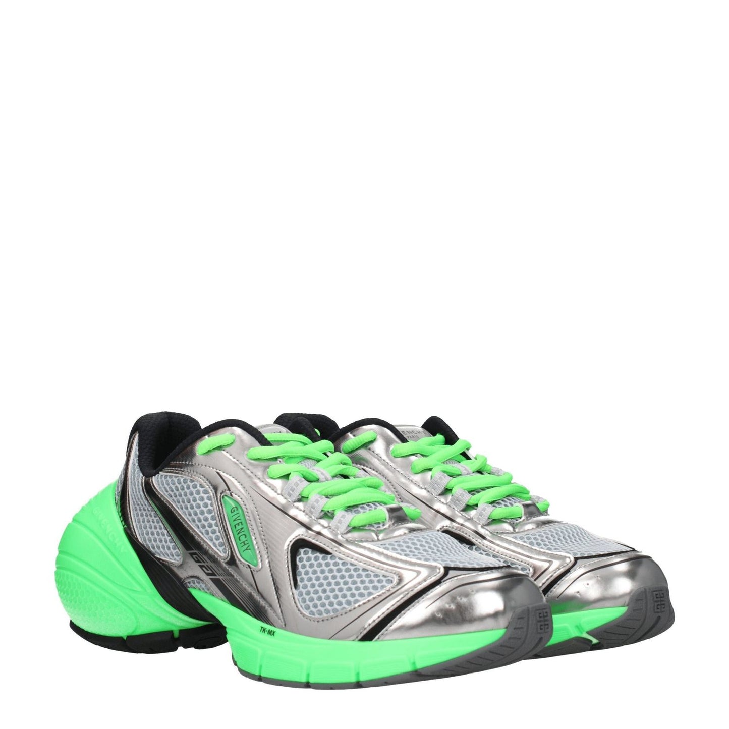 Givenchy Gray Fabric Athletic Sneakers with silver fabric, green accents, lace-up closure, leather materials, and rubber sole.