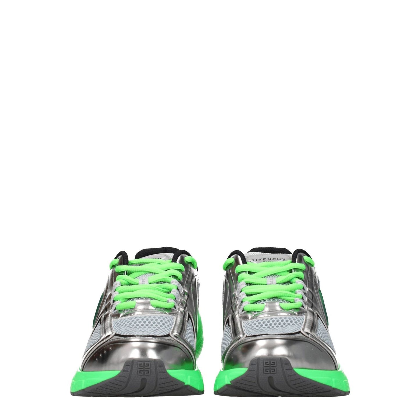 Front view of Givenchy Gray Fabric Athletic Sneakers with silver and green accents, featuring logo details and lace-up closure.