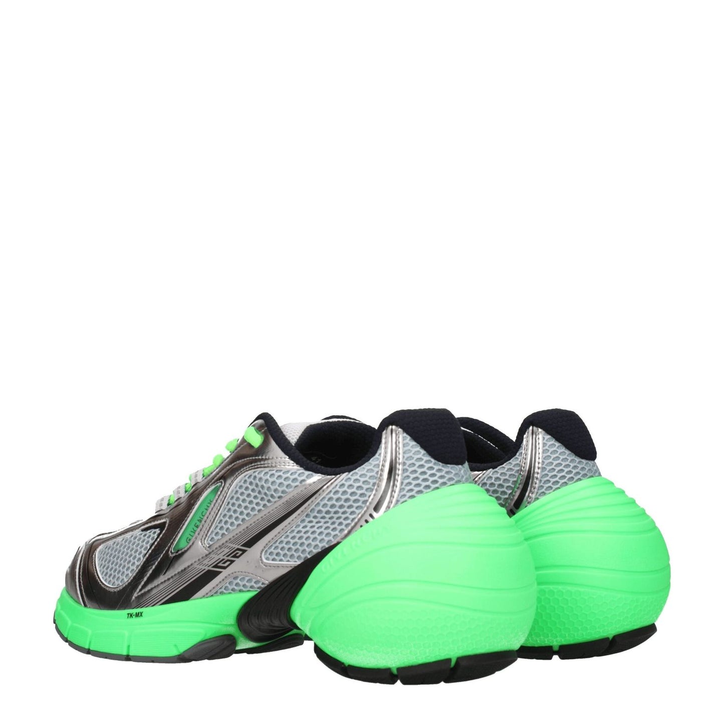 Givenchy Gray Fabric Athletic Sneakers with green accents, featuring front and side logos, lace-up closure, rubber sole, and 6.5 cm heel.
