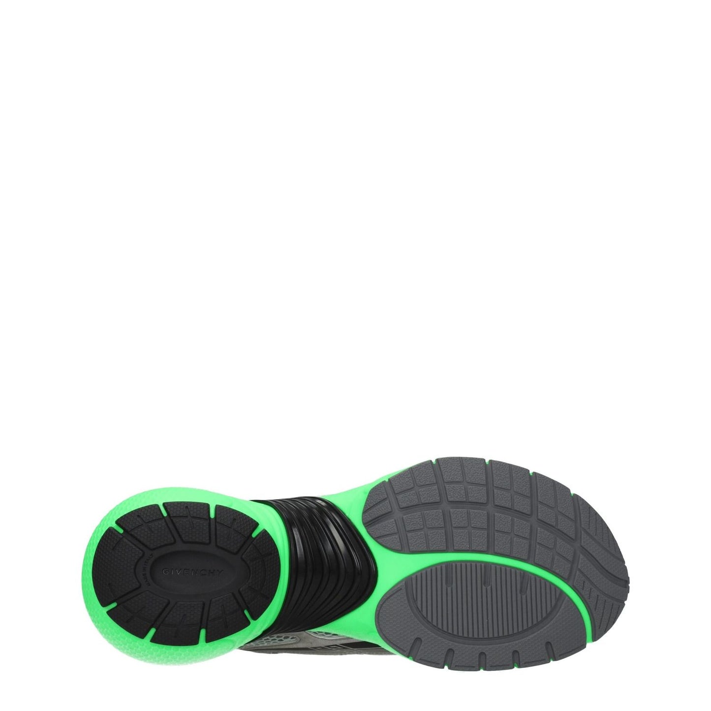 Bottom view of Givenchy Gray Fabric Athletic Sneakers showcasing green rubber sole design.