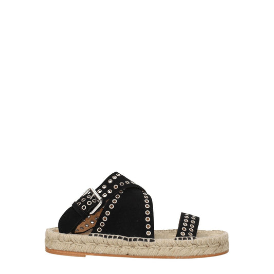 Isabel Marant Black Leather Flat Sandals, suede with studs, buckle closure, casual style, open toe, low flat heel, vintage effect.