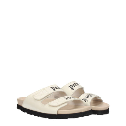 Palm Angels Beige Leather Flat Sandals with logo strap closure and open toe design, featuring rubber sole and low heel.