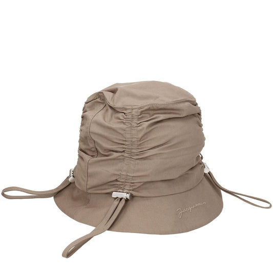 Jacquemus Beige Cotton Bucket Hat with front logo, casual style, made of 75% cotton and 25% polyamide in dark beige.