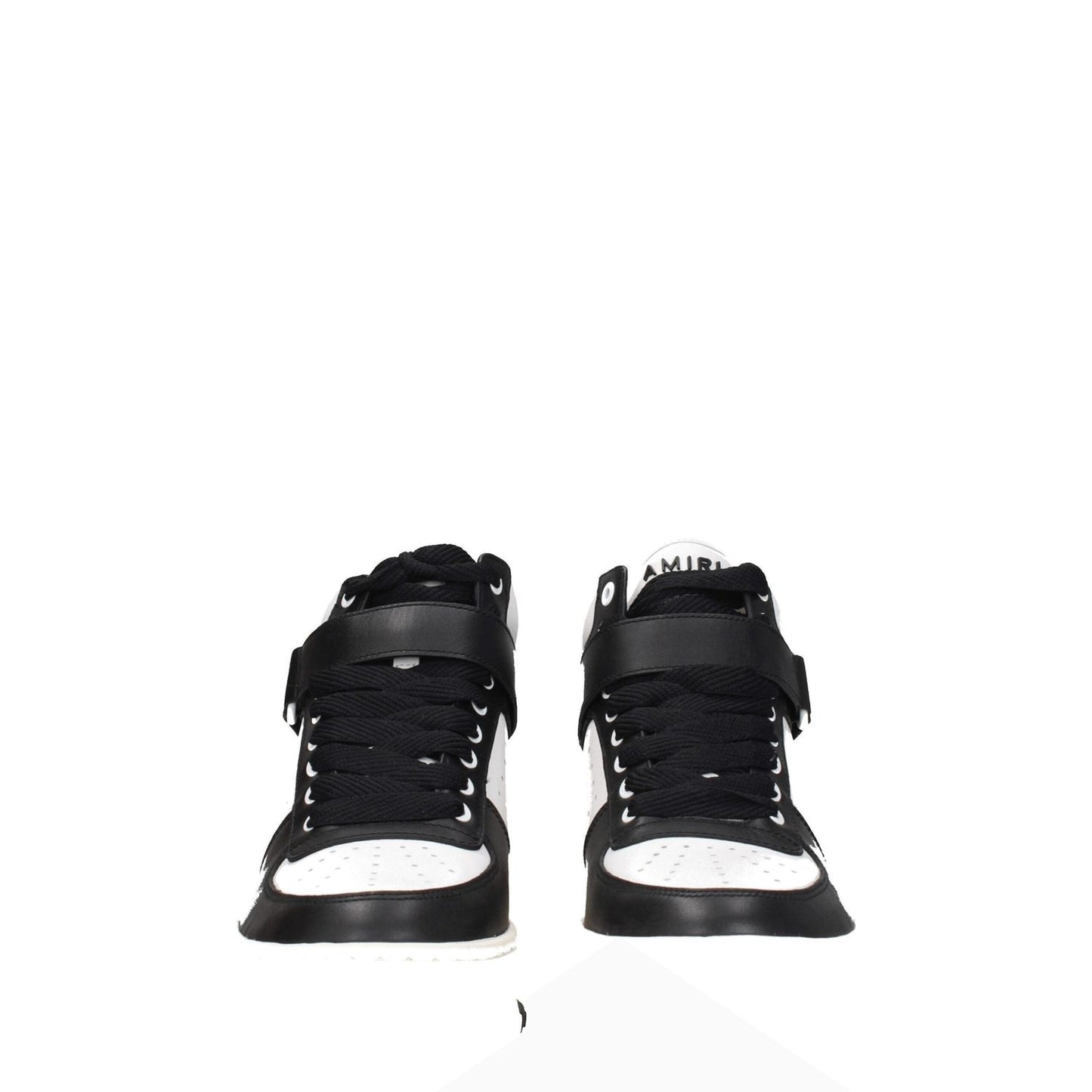 Amiri Black Leather High Top Sneakers with front and back logos, lace-up closure, wedge heel, round toe, and rubber sole.