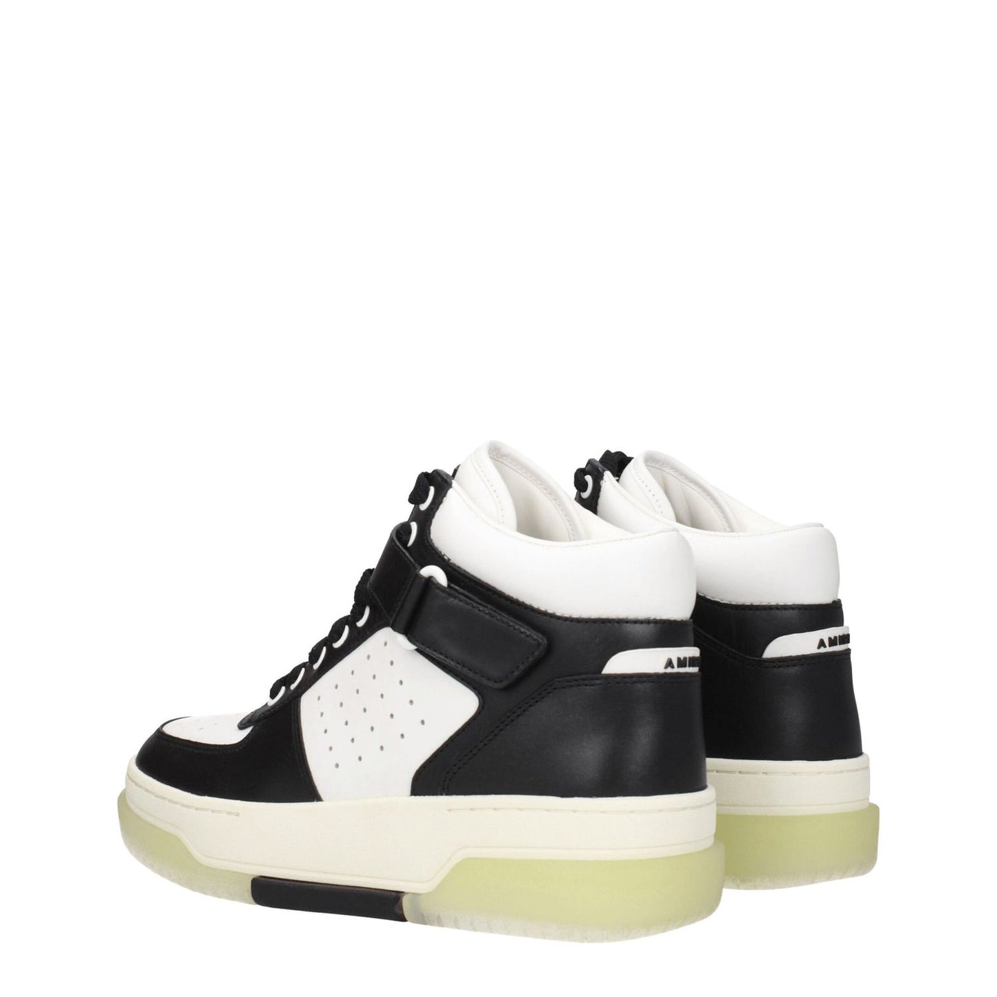 Amiri Black Leather High Top Sneakers with wedge heel, front and back logo, lace-up closure, in black and white leather.