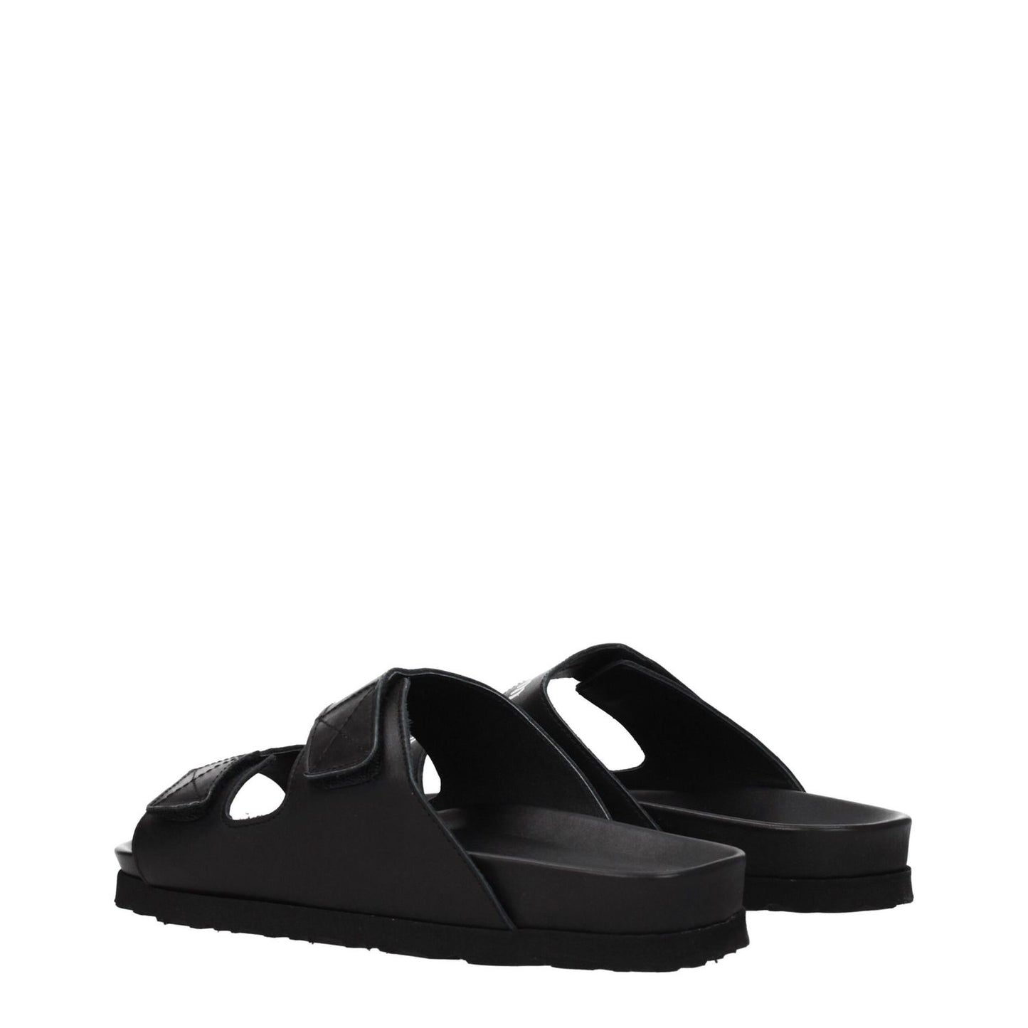 Palm Angels Black Leather Slippers with strap closure and logo, open toe, low flat heel, rubber sole, designed for casual style.