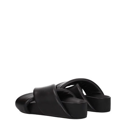 Jil Sander Black Leather Slippers with vintage effect, open toe, mid heels, casual style, MPN J15WP0043P5057001, leather sole.