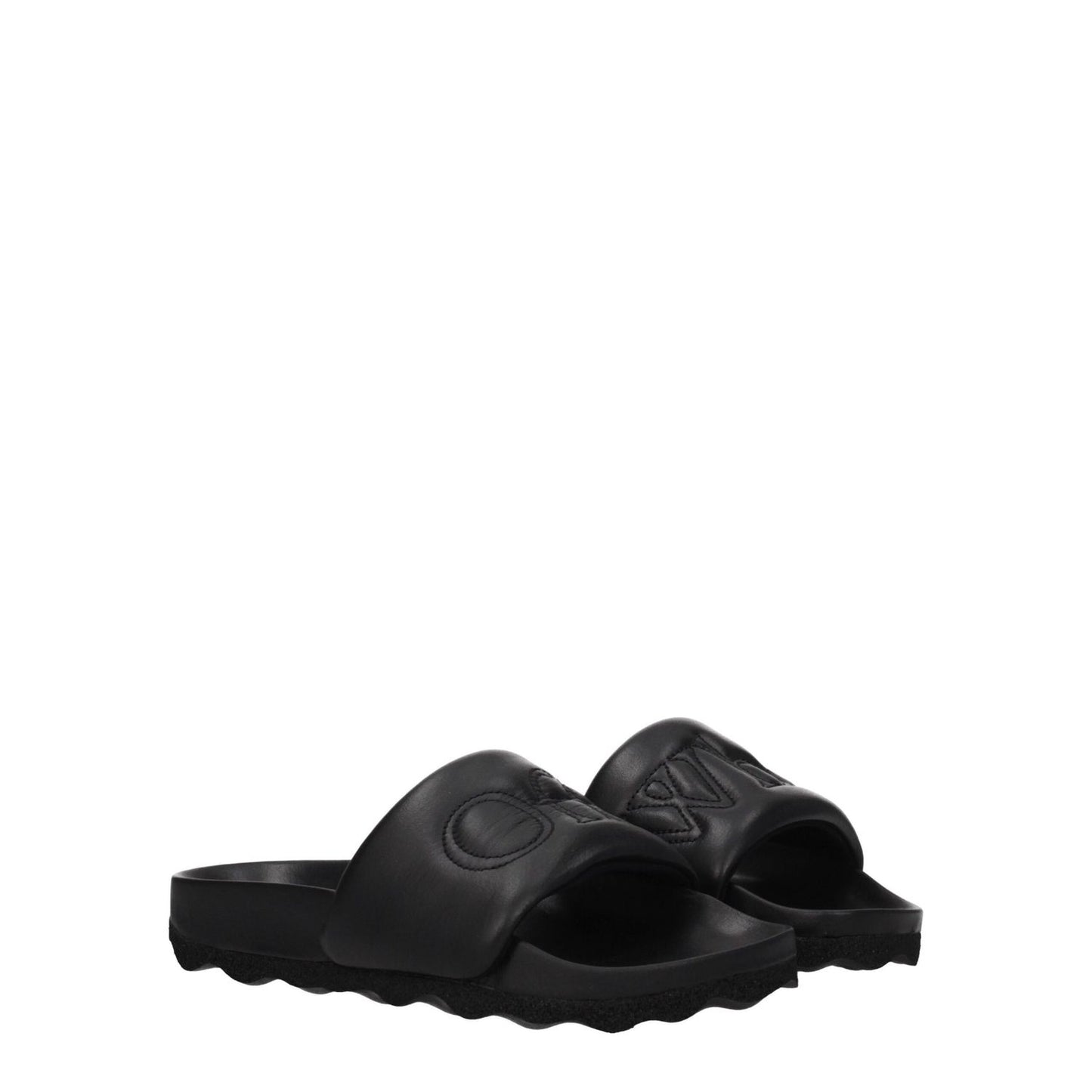 Off-White Black Leather Slippers with front logo, open toe, and rubber sole, designed for casual wear.