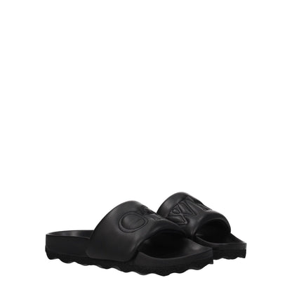 Off-White Black Leather Slippers with front logo, open toe, and rubber sole, designed for casual wear.