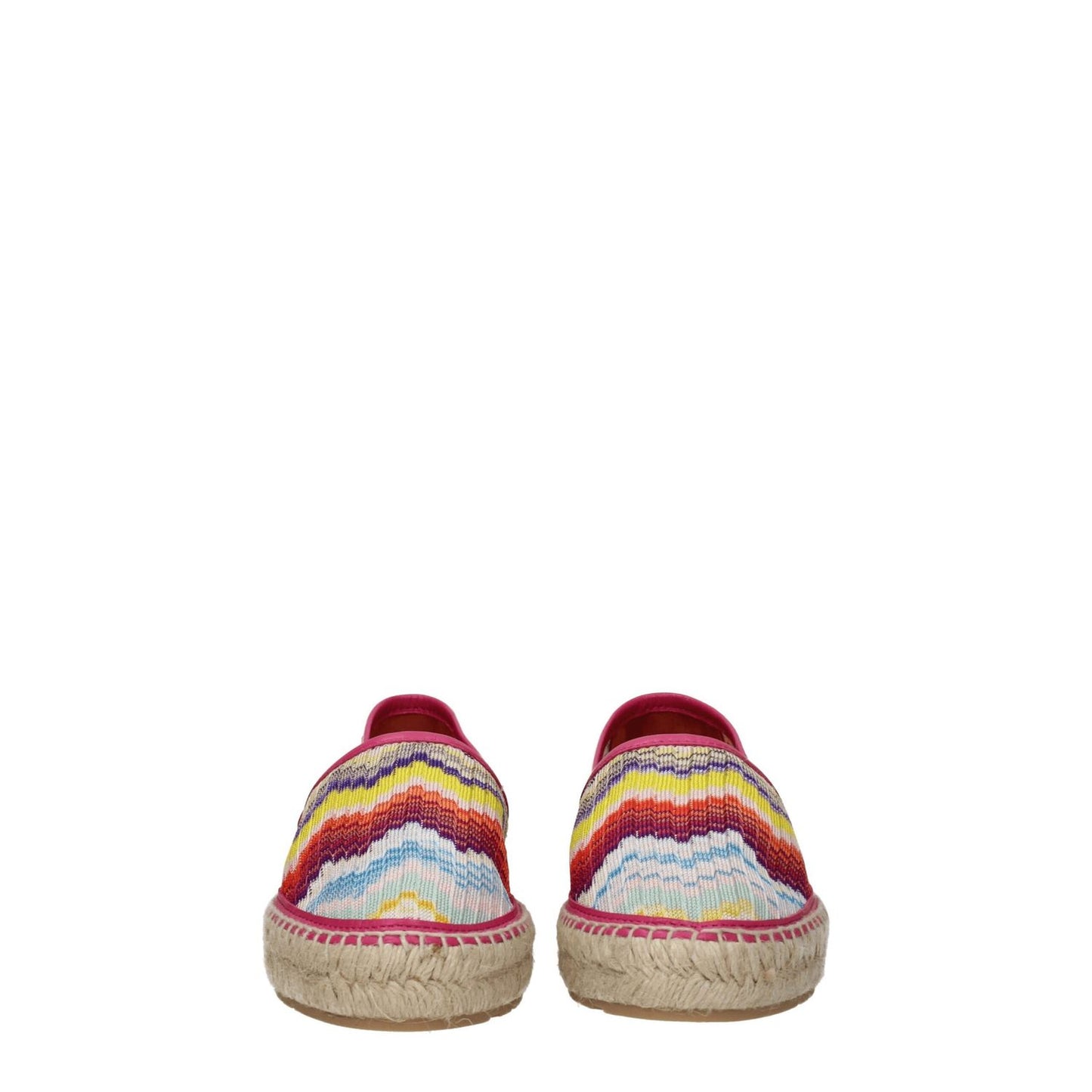 Missoni Multicolor Fabric Espadrilles with leather and rubber sole, vintage style, round toe, low flat heel, vibrant pattern.