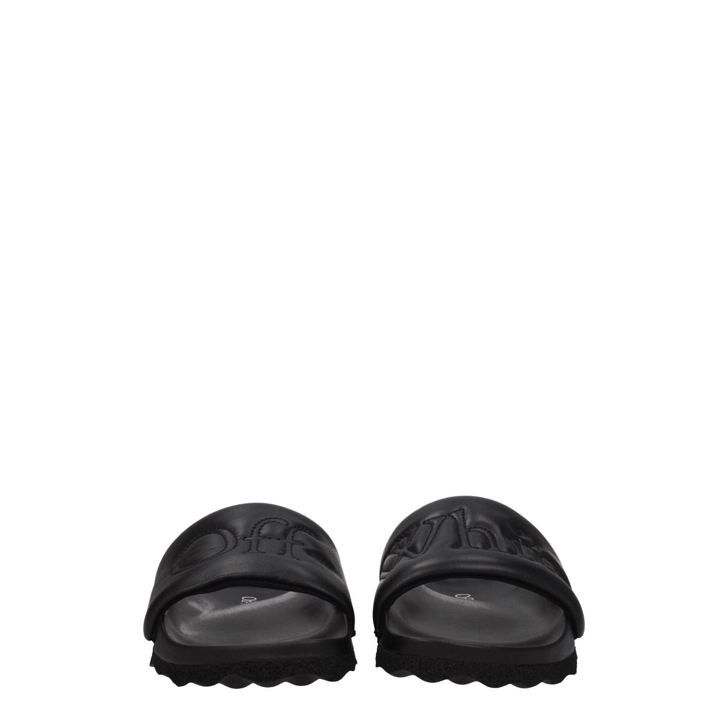 Off-White Black Leather Slippers with front logo, casual style, rubber sole, and open toe design
