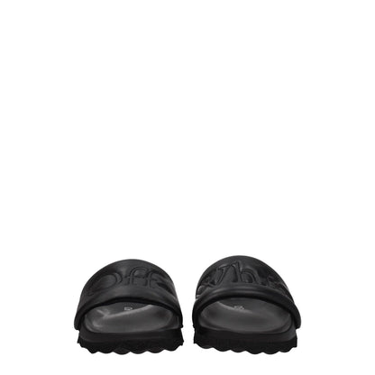 Off-White Black Leather Slippers with front logo, casual style, rubber sole, and open toe design