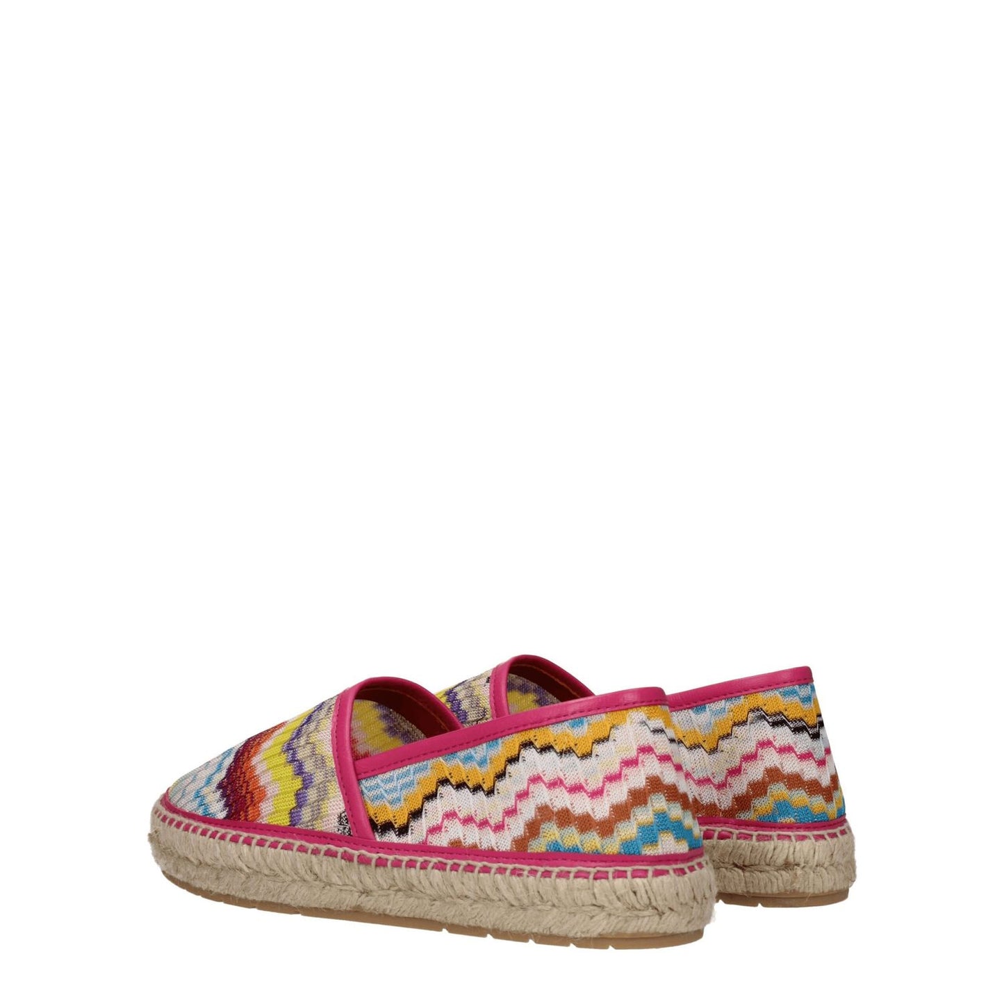 Missoni Multicolor Fabric Espadrilles with rubber sole and round toe design, showcasing vibrant zigzag pattern and pink trim.