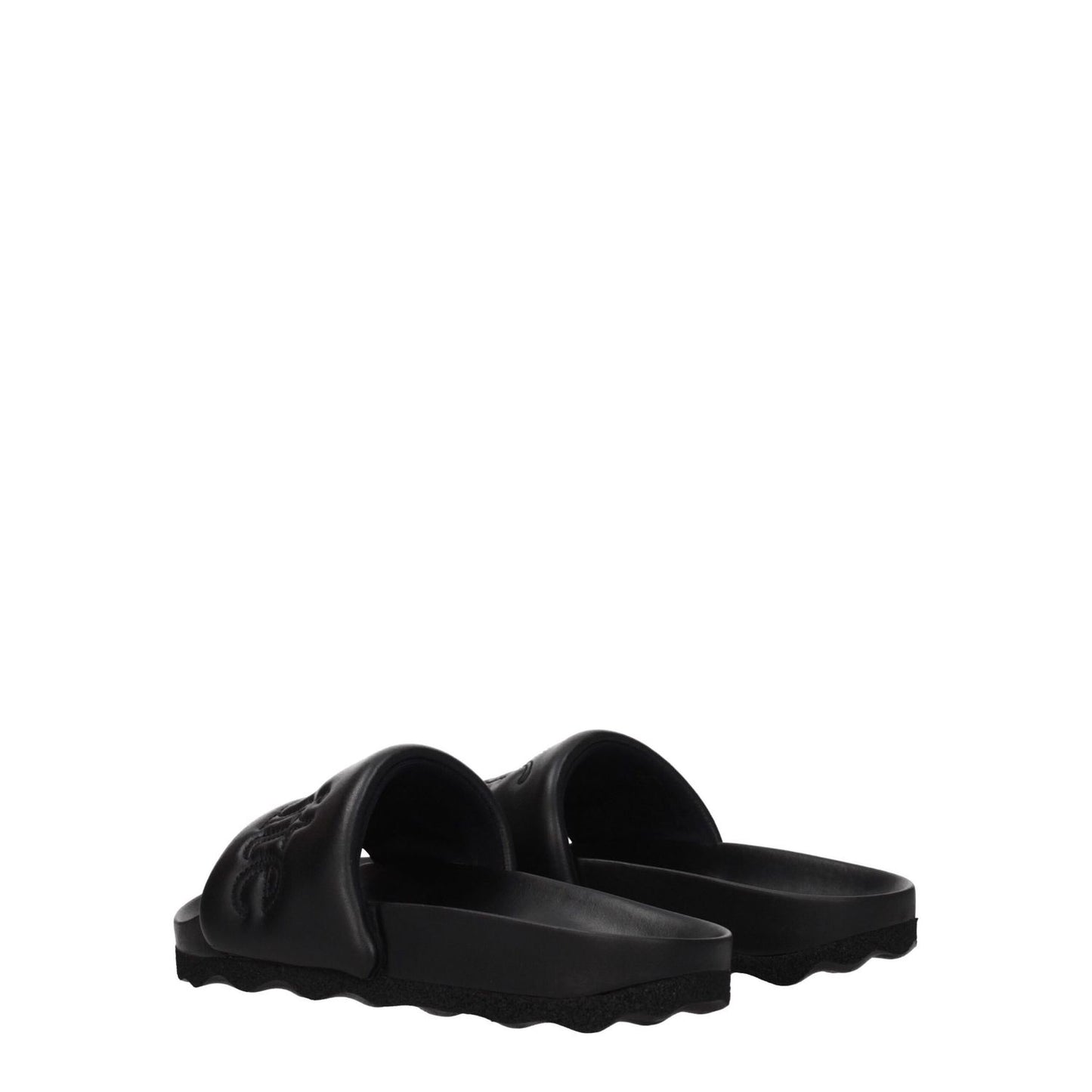 Off-White Black Leather Slippers with open toe and rubber sole, featuring front logo. Designed for casual wear and crafted from leather.